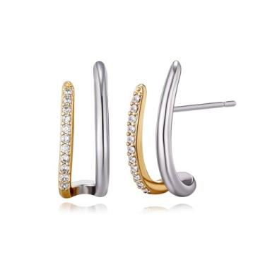 Imagem de Met-edianger Brincos femininos prateados dourados modernos de cores mistas, barra curvada, minimalista, zircônia cúbica