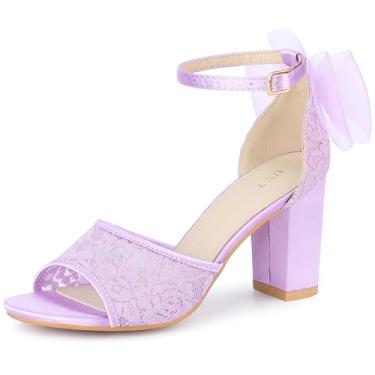 Imagem de Perphy Sandália feminina de renda aberta com laço e tira no tornozelo, Roxa, 36