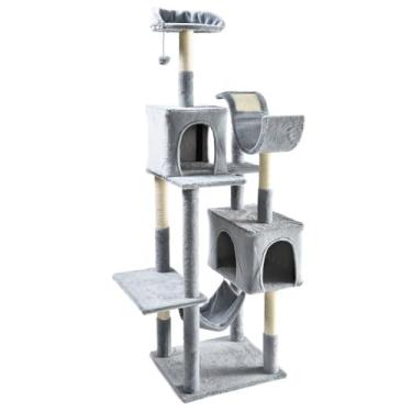 Imagem de Arranhador, torre de gato grande, multifuncional com casas, camas, rede, poleiros e brinquedo(Cinza)