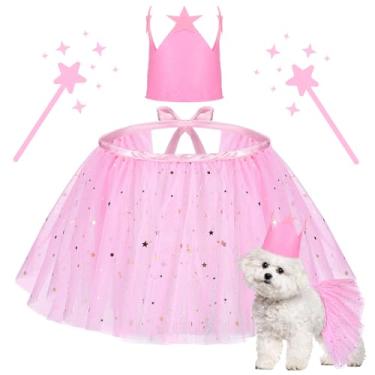 Imagem de Sweetude Roupa de cachorro de tule tutu rosa para cachorrinho chapéu de coroa de animais de estimação com estrelas saia fantasia de aniversário de cachorro suprimentos de festa de bruxa para festa de