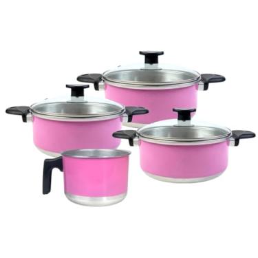 Imagem de Conjunto de Panelas com 3 Caçarolas + 1 Fervedor de Alumínio Esmaltado Vermelho com Tampas de Vidro