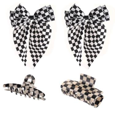 Imagem de Conjunto de acessórios de cabelo quadriculado preto e branco, 4 peças de grampos de cabelo com padrão preto e branco, grampos de cabelo de gravata borboleta e grampos de cabelo