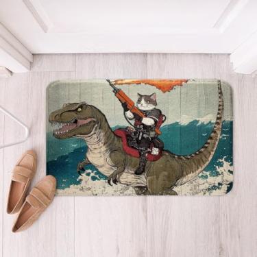 Imagem de jejeloiu Tapete de banho de poliéster engraçado gato legal dinossauro macio tapete de porta para crianças, meninos, meninas, ondas japonesas, tapete de banho antiderrapante, tapete de banho rústico de