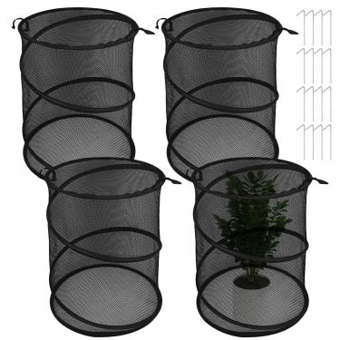 Imagem de 4 peças de rede de proteção de plantas de jardim pop-up com 16 peças de estacas de solo, cloche de planta preta, capas de malha transparente para proteção de plantas externas e internas