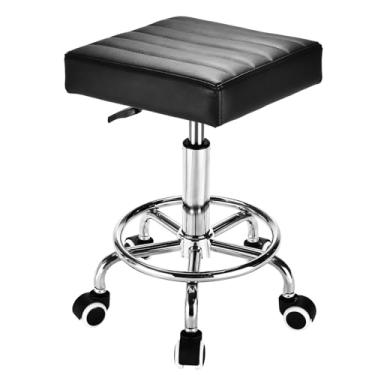 Imagem de Banqueta quadrada preta para salão de beleza – capacidade de peso de 136 kg, banco giratório ajustável com roda, banquinho de corte confortável de poliuretano para salão de beleza, tatuagem,