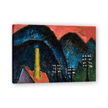 Imagem de Pôster de arte expressionista (montanhas azuis e chaminés amarelas) por Alexej von Jawlensky. Pinturas a óleo famosas. Decoração de parede de sala de estar ou escritório. Moldura interna 50 x 70 cm