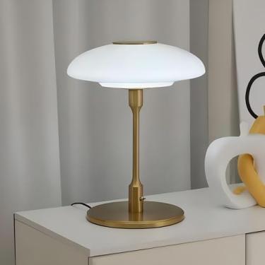Imagem de ZeniLife Abajur de mesa, luminária de cabeceira moderna de metal e vidro, luminária de mesa decorativa, candeeiro de mesa para sala de estar, quarto, sala de estudo, 30 x 40 cm, dourado e branco