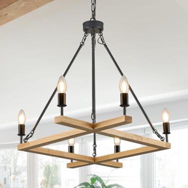 Imagem de Poemoon L45'' Lustres de madeira quadrados de fazenda natural rústico 6 luzes exclusivo retangular candelabro de teto longo para teto alto sala de jantar hall de entrada ilha de cozinha, E12