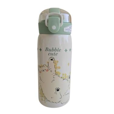 Imagem de Garrafa Térmica Garrafinha Térmica Infantil Inox Canudo Trava 350 ml - Desenho dinossauro Coelho Carneiro Panda - TYDA (GATO VERDE)