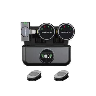 Imagem de H’MASTON Microfone Lapela Microfone Sem Fio Professional 2 em 1 Lightning Redução de Ruído com Estojo de Carregamento Compatível iPhone iOS
