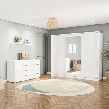 Imagem de Conjunto com Cômoda 8 Gavetas e Guarda-Roupa 3 Portas com Espelho Porto Branco