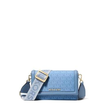 Imagem de Michael Kors Bolsa tiracolo para celular Jet Set, ferragens douradas/tonal MK Signature Nylon com logotipo MK/azul francês