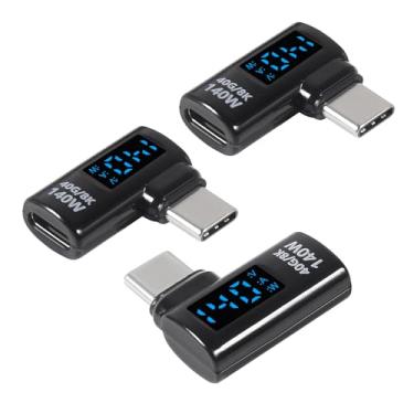 Imagem de Pacote com 3 adaptadores USB C de 90 graus com tela digital, conector USB-C macho para fêmea de ângulo reto de 140 W, corrente e tela LED inteligente de energia para iPhone 16/15, MacBook, suporta