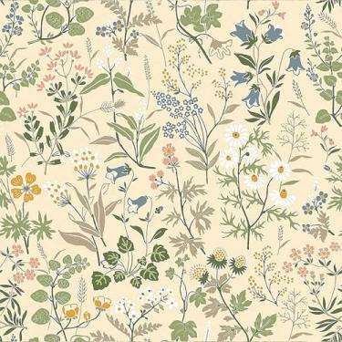Imagem de VEELIKE Papel de parede floral vintage de flores silvestres creme para quarto, banheiro, casa de fazenda, 40 x 900 cm, papel de parede com flores pré-coladas, papel de contato floral autoadesivo para