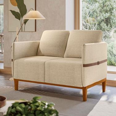 Imagem de Sofá Living 2 Lugares com Pés em Madeira Maciça 129cm Estelí Espresso Móveis Linho Bege/Sintético Caramelo