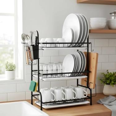 Imagem de MADALEN Escorredor de Louças 3 Andares em Aço Inox – Grande Capacidade com Suporte para Talheres, Copos, Taças e Porta-Tábuas – Bandejas Coletoras, Durável e Moderno – Branco ou Preto (Preto)