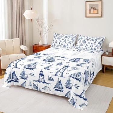 Imagem de Homewish Jogo de cama casal, barco náutico, farol, 4 peças, para decoração de quarto de crianças, meninas, meninos, adolescentes, viagem, aventura oceânica, lençol com elástico, lençol de cima, azul