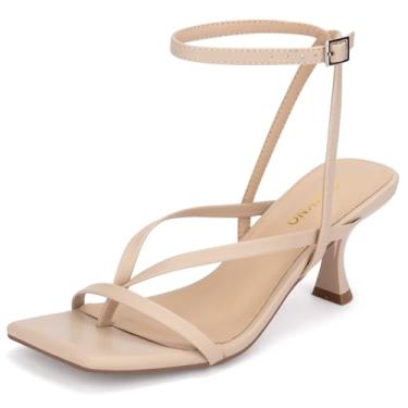 Imagem de Lookyno Sandália feminina de salto gatinho com tiras com cadarço e bico aberto, salto alto, tira no tornozelo, chinelos para festas casuais, Nude., 35