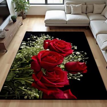 Imagem de Tapete floral macio moderno antiderrapante lavável tapete de área de pilha baixa para quarto, sala de estar, entradas 1,8 x 2,5 m tapete pequeno (rosa vermelha)