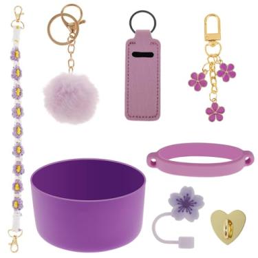 Imagem de Conjunto de 8 peças de acessórios de copo, incluindo alça de alça de garrafa de água, manga inferior, gancho de coração, conjunto de canudo de silicone, suporte de batom, chaveiro margarida para 850 g