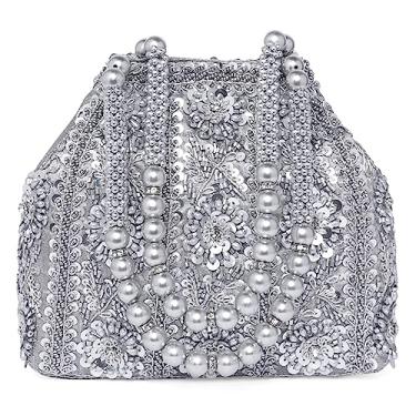 Imagem de Aheli Bolsa feminina estilo Potli, feita à mão, à noite, étnica, nupcial, moderna, bolsa de pulso para mulheres, Prata, One Size