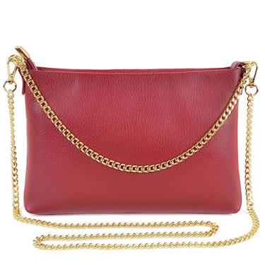 Imagem de Dasein Bolsa feminina de couro legítimo italiano para noite, bolsa de ombro com alça de corrente dourada, Vermelho, 10"L x 7"H x 1.5"W
