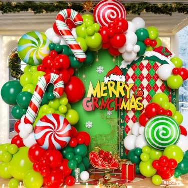 Imagem de 147 peças de kit de arco de guirlanda de balão de Natal com balões de alumínio de bengala doce vermelha e verde, balões de doces vermelhos e brancos para decoração de festa de Natal, artigos de