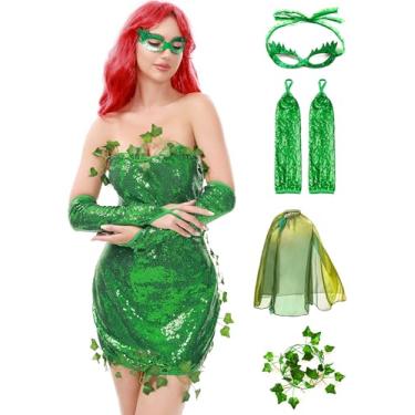 Imagem de Funna Poison Costume Women Ivy Halloween Outfit 4 Piece with Eye Mask Gloves Cape Green, X-Large