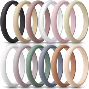 Imagem de ThunderFit Anel feminino fino e empilhável de silicone, alianças de casamento de silicone, 2,5 mm de largura e 2 mm de espessura, pacote variado 1-12, 7.5 - 8 (18.2mm), Silicone, Sem pedra preciosa