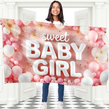 Imagem de Banner Sweet Baby Girl - Banner Welcome Baby Girl 1,5 x 0,9 m - Decorações para chá de bebê ou festa de revelação de gênero