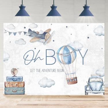 Imagem de Rsuuinu Oh Boy Pano de fundo Let The Adventure Begin balão de ar quente nuvem viagem avião fotografia fundo 2,1 x 1,5 m meninos chá de bebê decoração suprimentos banner cabine de fotos adereços de