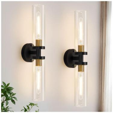 Imagem de Arandelas de Parede para Banheiro em Preto e Dourado com Vidro Transparente, Conjunto de 2 Peças. Indoi