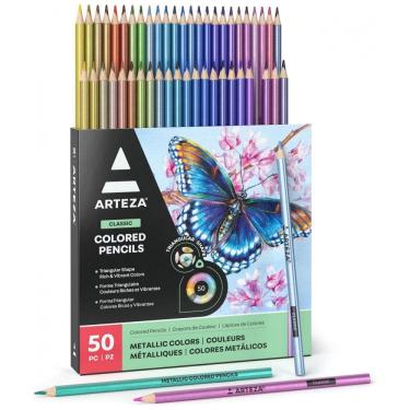 Imagem de Lápis de Cor Metálicos ARTEZA, Conjunto com 50 Cores, Formato Triangular, Pontas Pré-Afiadas, Materiais de Arte para Desenho