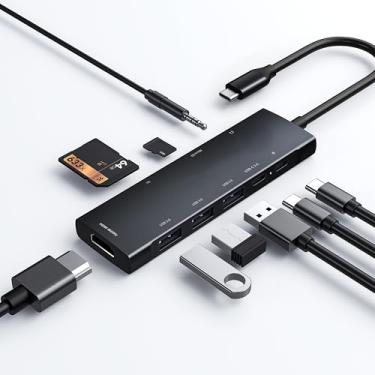Imagem de Hub USB C para iPad Pro 9 em 1 adaptador iPad Pro M4 M2 M1 13 12.9 11 polegadas iPad Air 5 4 estação de ancoragem com 4K HDMI, USB-C PD, leitor de cartão SD/TF, USB 3.0, conector de fone de ouvido de