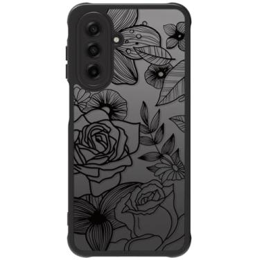 Imagem de Dumkery Linda capa de telefone compatível com Samsung Galaxy A17 4G/5G, rosa estética preta linha arte estampa padrão de flores, capa de proteção resistente de PC rígido para meninas e mulheres