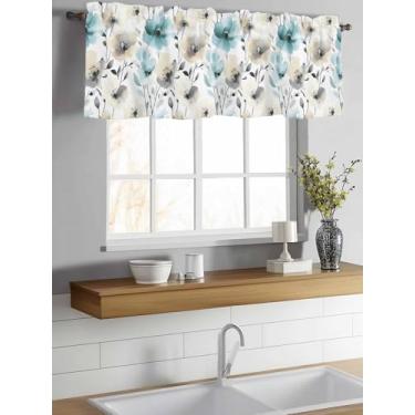 Imagem de Cortina de sanefa de tratamento de janela, cortina curta de sombra de flor azul-petróleo amarela para cozinha, banheiro, sala de estar, quarto, privacidade, varão, bolso, drapeado 137 cm L x 45,7 cm C