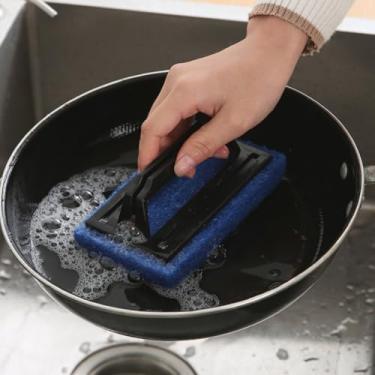 Imagem de Esponja de limpeza mágica sem arranhões com alça - esfregão de nano fibra para panelas de cozinha, panelas, banheiras, azulejos e limpeza de pia, escova ergonômica, azul