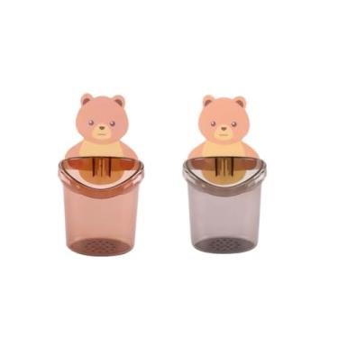 Imagem de Suporte para Escova de Dente com Urso - Organizador com Copo e Adesivo para Banheiro | Porta Barbeador e Objetos Pequenos(1 MARROM + 1 PRETO)