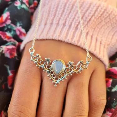 Imagem de Colar gracioso oco com imitação de pedra da lua, joia vintage para mulheres, 40cm 5cm, Latão, plásticos