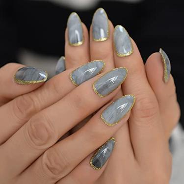 Imagem de Kit de cobertura completa de acrílico reutilizável com glitter cinza mármore com glitter - unhas postiças para mulheres, cola gelatinosa, lixa
