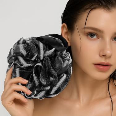 Imagem de Esponja de bucha para mulheres, 60 g de bambu de malha de carvão vegetal bola de malha de banho, esfregão de bucha de chuveiro macio para o corpo, preto com bordas brancas