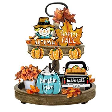 Imagem de Decoração de bandeja em camadas de espantalho de outono, decorações de bandeja de abóbora de fazenda, feliz outono, folha de bordo, caminhão, abóbora e especiarias, placas de madeira, outono, ação de