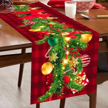 Imagem de Caminho de mesa de Natal xadrez de búfalo vermelho, 33 x 182 cm poliéster guirlanda de Natal laço nó corredor de mesa para decoração de mesa sazonal de inverno férias cozinha sala de jantar
