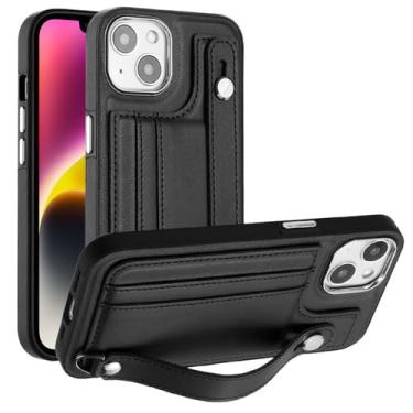 Imagem de Capa de telefone com pulseira de couro para iPhone 14 13 12 11 Pro Max XS X XR SE 2020 2022 7 8 Plus com capa protetora de suporte de cartão, preta, para iPhone 7Plus (8Plus)