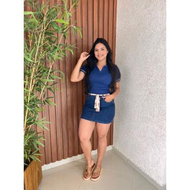 Imagem de Mini Saia Jeans Escuro Barra Feita Com Cinto Em Tecido Crisconf