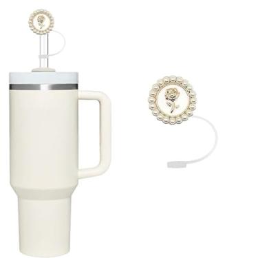 Imagem de Capa de palha rosa para copo Stanley, tampas de silicone com botões de pérola, tampas de palha de silicone para copo Stanley, tampas de pontas de canudo à prova de poeira, capas e tampas reutilizáveis