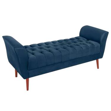 Imagem de Vit Decor Banco Calçadeira Estofado Bege Capitonê Luxo Clássico com Braços Curvos - 140cm - Banqueta Decorativa para Pé de Cama Solteiro, Hall de Entrada e Sala (Azul Marinho)