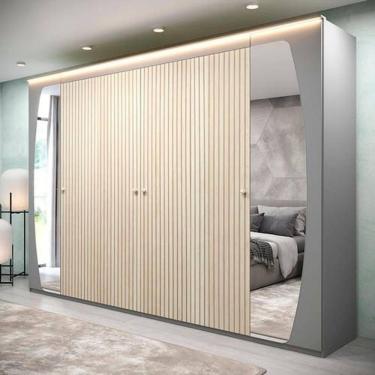 Imagem de Guarda Roupa Casal com Efeito Ripado, Espelho e LED 6 Portas 6 Gavetas Inovação Gelius Móveis Cinza/Off White Ripado