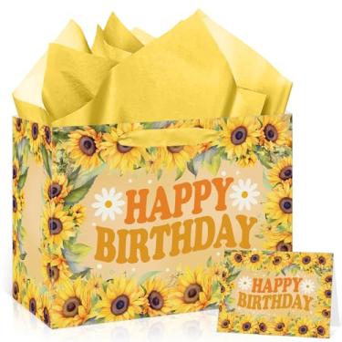 Imagem de Wauprant Grande bolsa de presente de aniversário de girassol para meninas e mulheres, bolsa de presente de feliz aniversário floral amarela com papel de embrulho e cartão de felicitações para