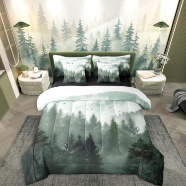 Imagem de Erosebridal Conjunto de cama verde de 7 peças, conjunto de edredom com lençol casal, floresta enevoada, árvore enevoada em um saco para decoração de montagem esfumaçada, fronhas decorativas de